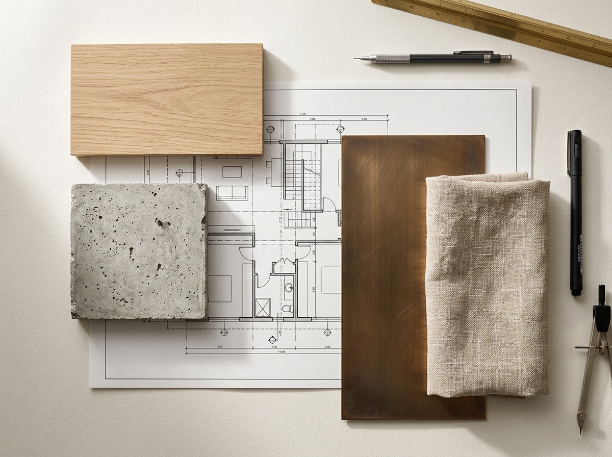 Architectural moodboard, oak veneer, travertine, patinated brass, raw linen, and a floor plan