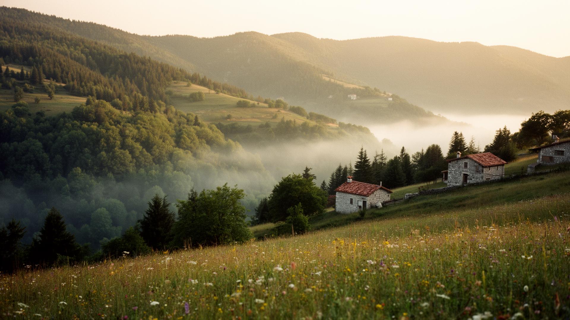 Sunlit forest meadow at dawn