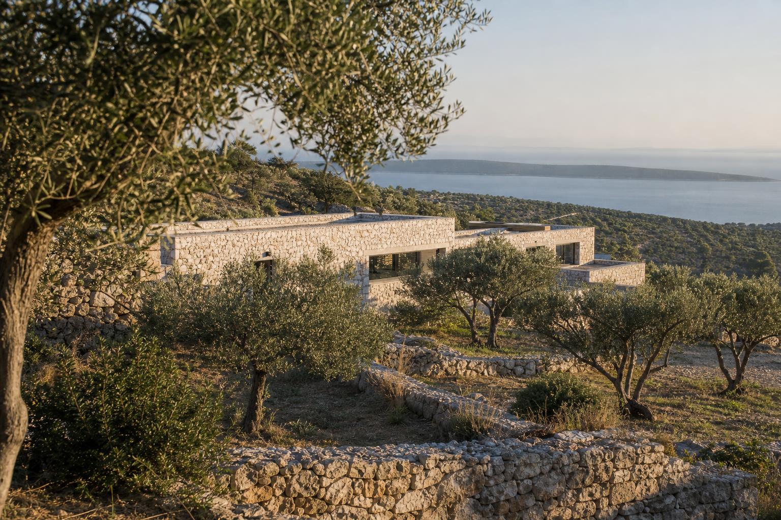 Aerial view of an architecturally integrated coastal villa cluster in Croatia